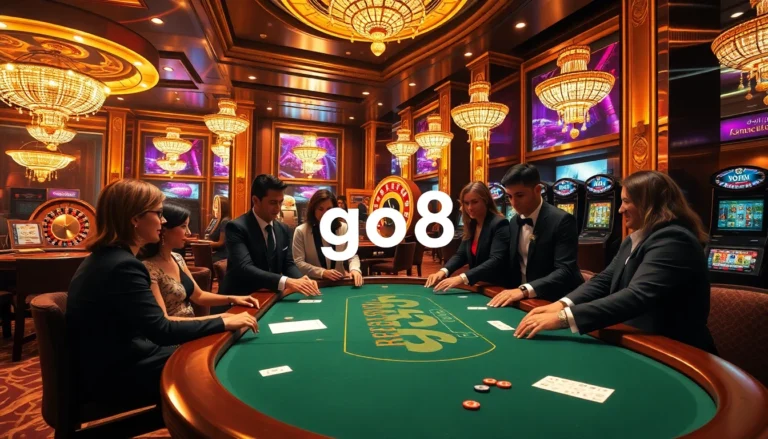 Experience the excitement of go8-styled poker games with players at a high-stakes table filled with chips and cards.