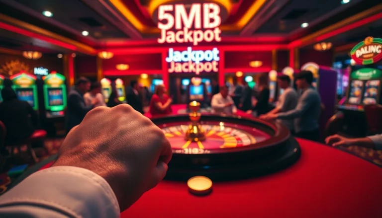 Experience the thrill of gambling at the casino with a '5MB Jackpot' sign glowing above a vibrant roulette table.