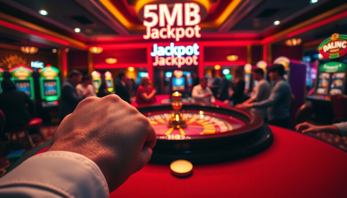 Experience the thrill of gambling at the casino with a '5MB Jackpot' sign glowing above a vibrant roulette table.