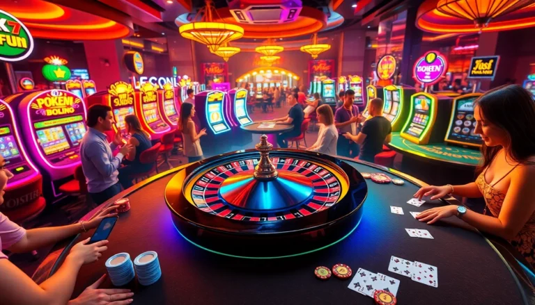 Players engage in thrilling games at OKFUN Casino, enjoying roulette and slot machines in an exciting atmosphere.