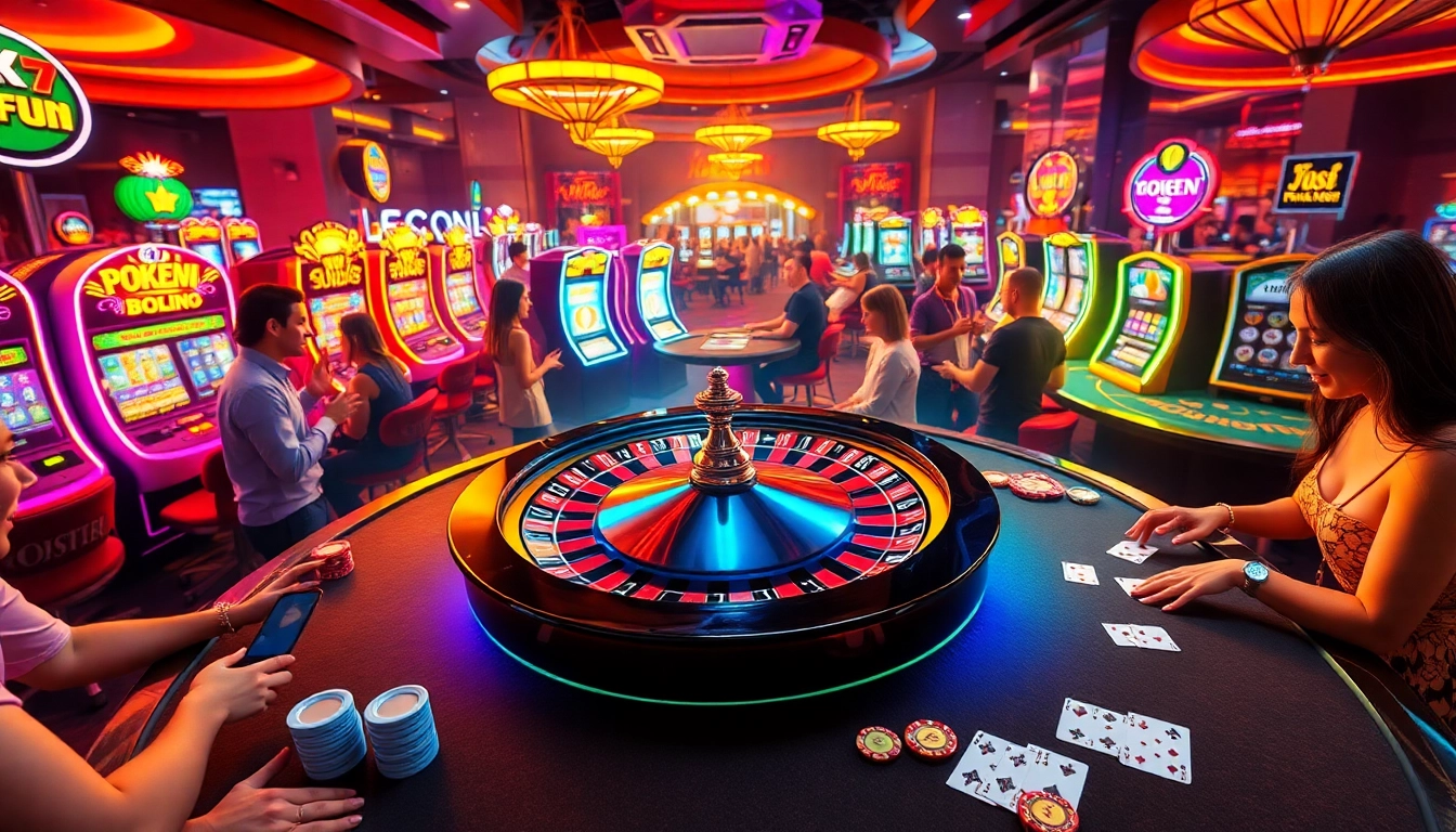 Players engage in thrilling games at OKFUN Casino, enjoying roulette and slot machines in an exciting atmosphere.