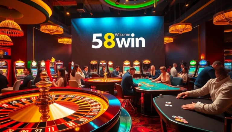58win casino scene with players enjoying roulette and blackjack, celebrating wins.