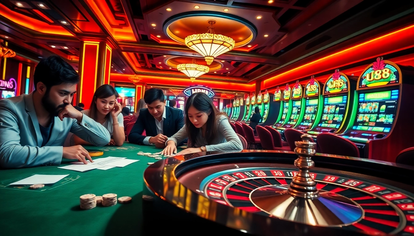Exciting casino action on a poker table featuring uu88 branding, vibrant lights, and engaged players.