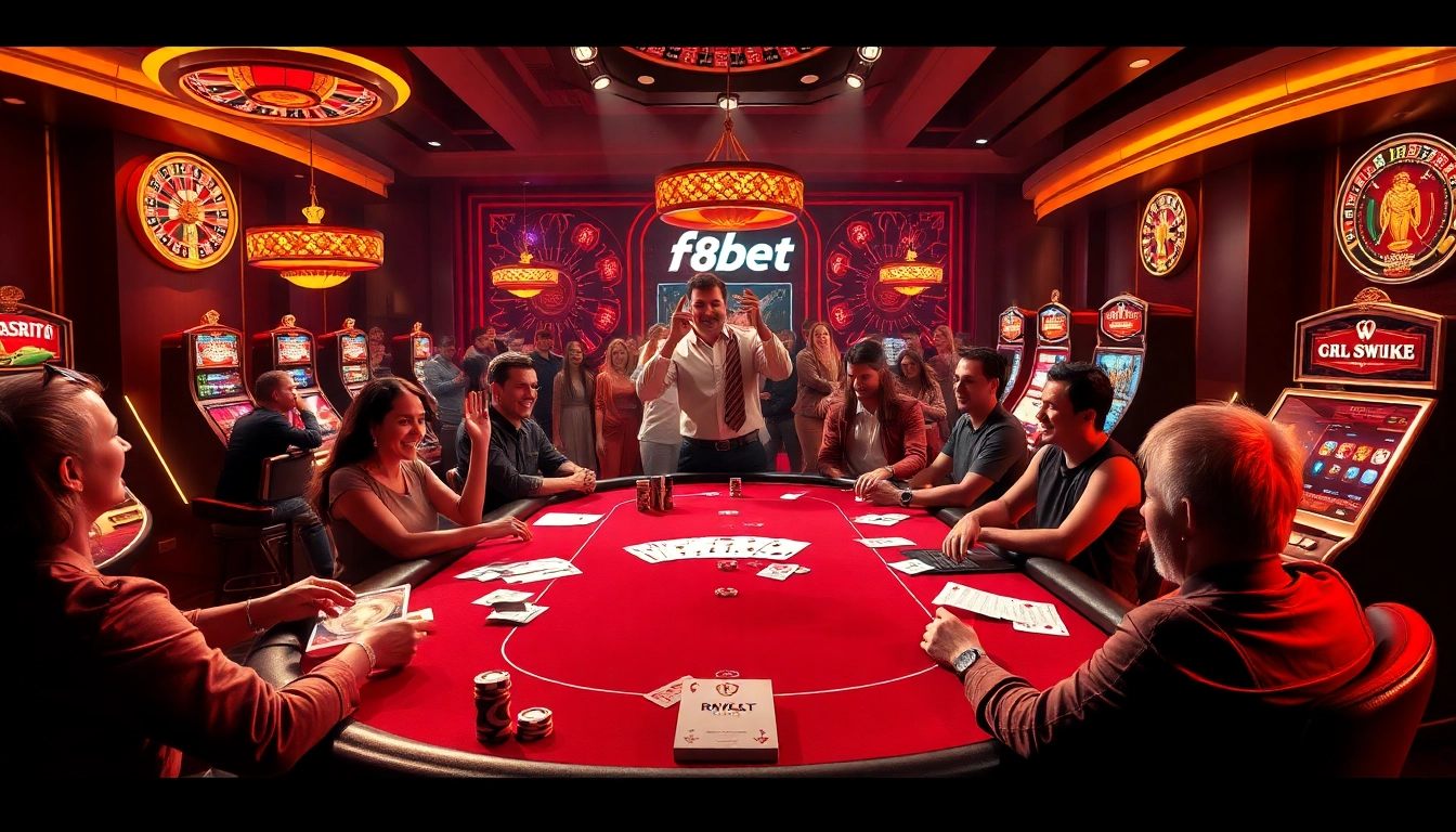 Experience the thrill of winning at f8bet's vibrant poker table, showcasing intense gameplay with cards and chips.
