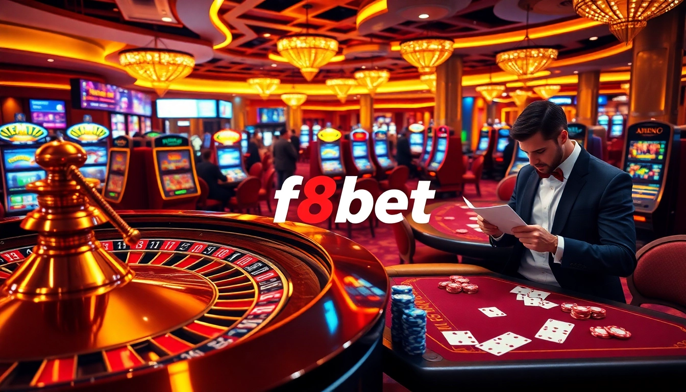 Exciting f8bet online casino scene showing players at roulette and poker tables.