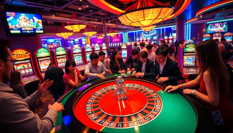 f8bet players enjoying a thrilling game at the roulette table in a colorful casino atmosphere