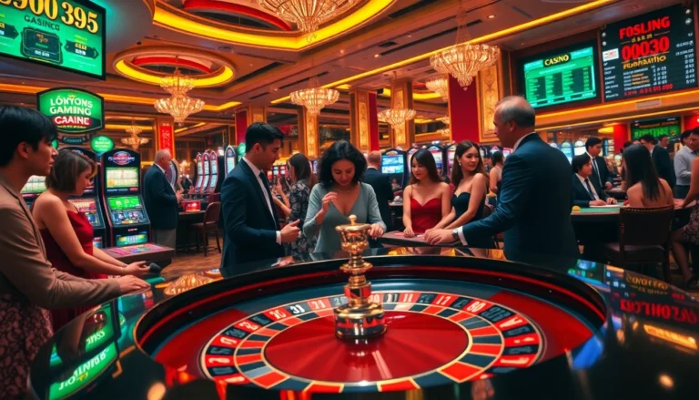 Hi88 casino experience featuring dynamic roulette table action, vibrant slot machines, and engaged players enjoying the thrill of gambling.