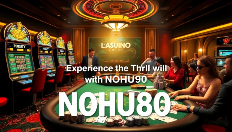 NOHU90 offers an immersive casino experience with vibrant slot machines and a roulette table, showcasing exciting gambling activities.