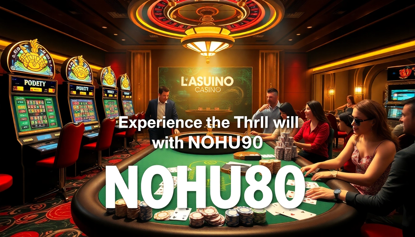 NOHU90 offers an immersive casino experience with vibrant slot machines and a roulette table, showcasing exciting gambling activities.