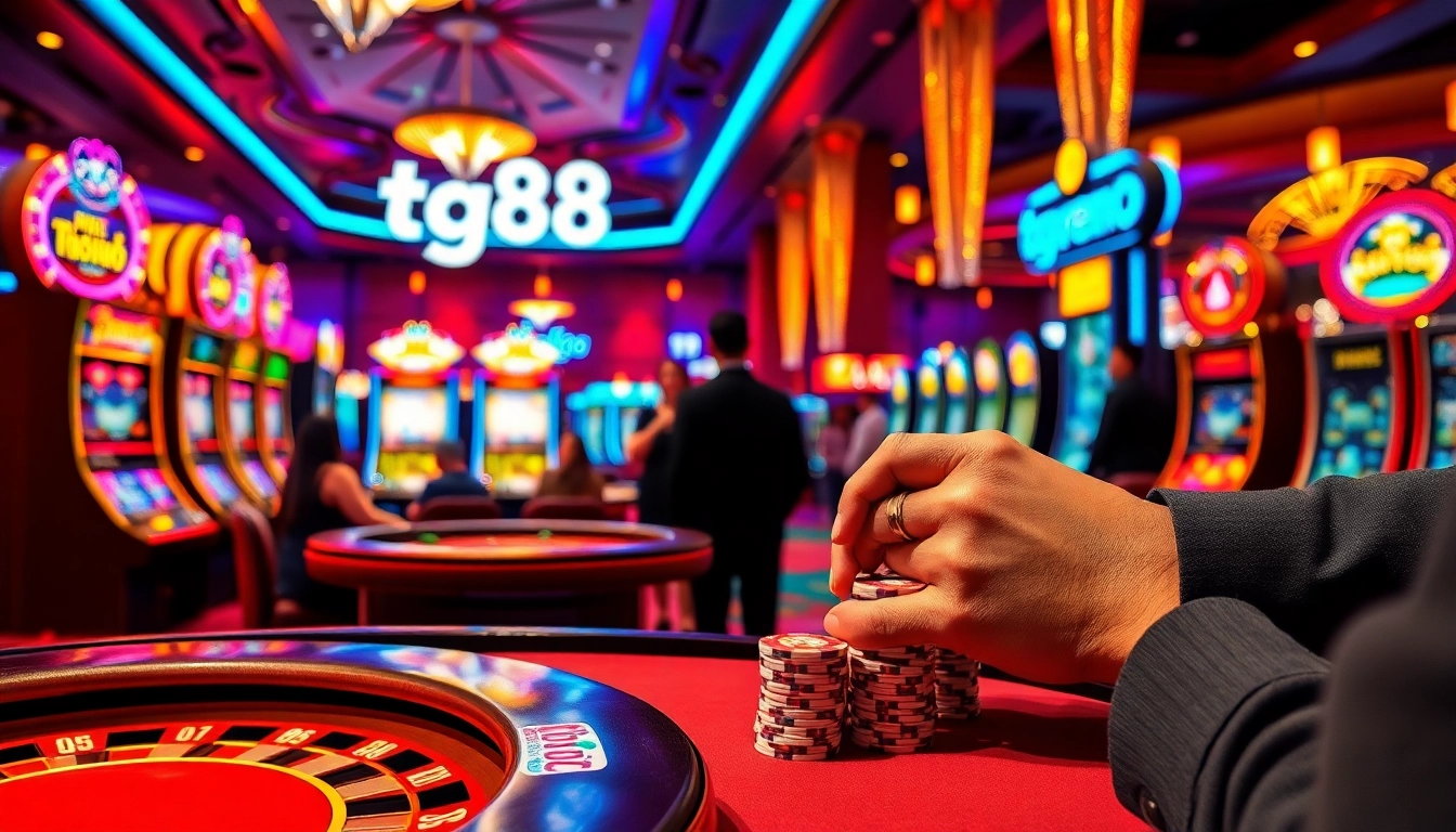 Players enjoying a thrilling game at tg88 Casino, highlighting poker chips and dice.